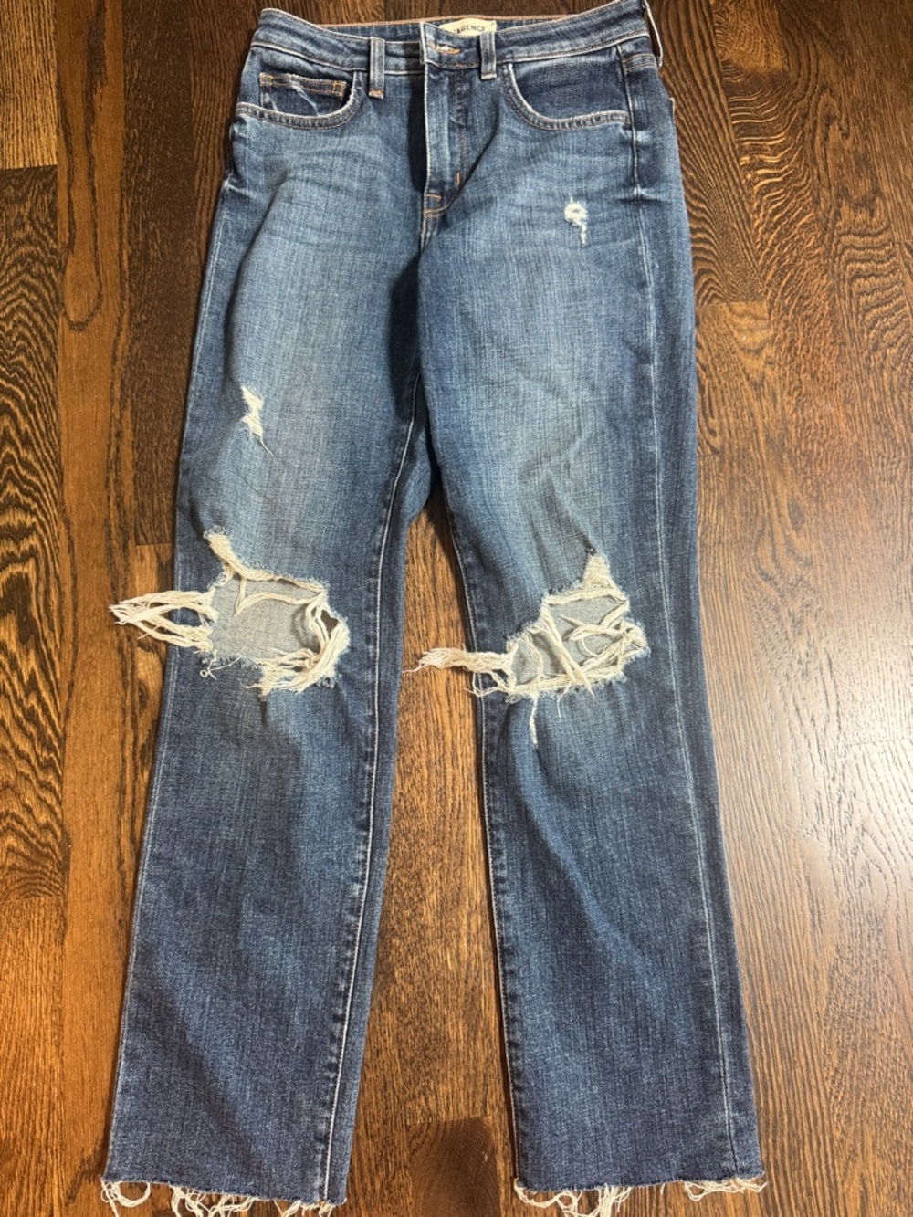 L'AGENCE Distressed Mid-Blue Straight-Leg Jeans
